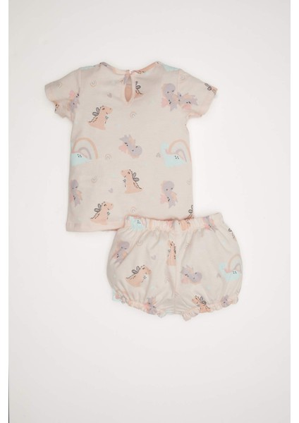 Kız Bebek Pijama Takımı Dinozor Baskılı Kısa Kollu Penye Üst Beli Lastikli Şort D8295A5NS