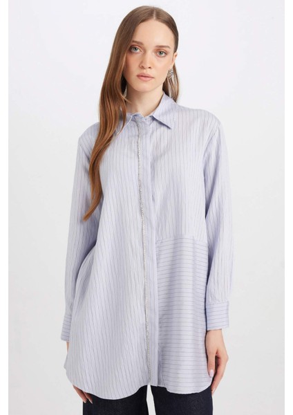 Relax Fit Gömlek Yaka Yırtmaçlı Uzun Kollu Çizgili Gömlek Tunik