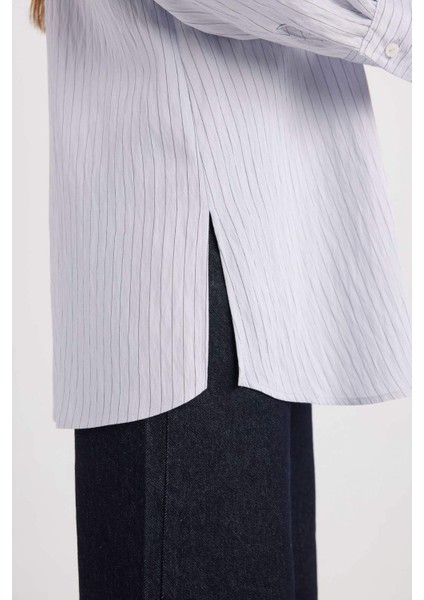 Relax Fit Gömlek Yaka Yırtmaçlı Uzun Kollu Çizgili Gömlek Tunik