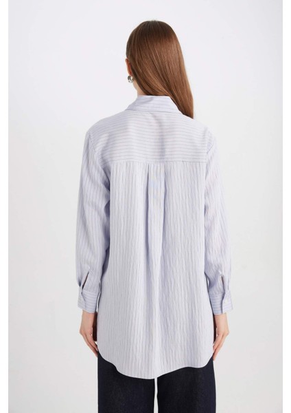 Relax Fit Gömlek Yaka Yırtmaçlı Uzun Kollu Çizgili Gömlek Tunik