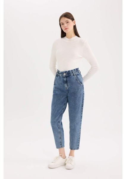 Paperbag Rahat Kesim Yüksek Bel Beli Lastikli Hafif Düz Paça Jean Yıkamalı Pantolon D5886AX24WN