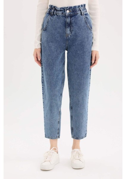 Paperbag Rahat Kesim Yüksek Bel Beli Lastikli Hafif Düz Paça Jean Yıkamalı Pantolon D5886AX24WN