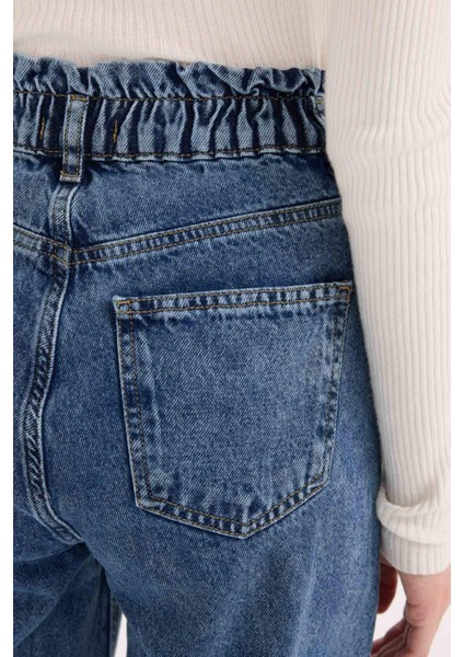 Paperbag Rahat Kesim Yüksek Bel Beli Lastikli Hafif Düz Paça Jean Yıkamalı Pantolon D5886AX24WN