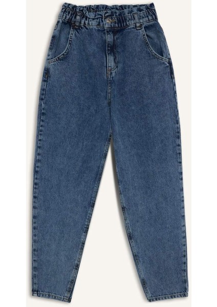 Paperbag Rahat Kesim Yüksek Bel Beli Lastikli Hafif Düz Paça Jean Yıkamalı Pantolon D5886AX24WN