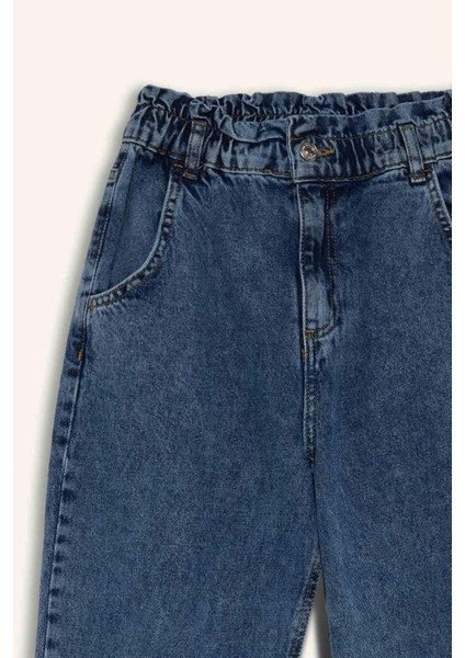 Paperbag Rahat Kesim Yüksek Bel Beli Lastikli Hafif Düz Paça Jean Yıkamalı Pantolon D5886AX24WN