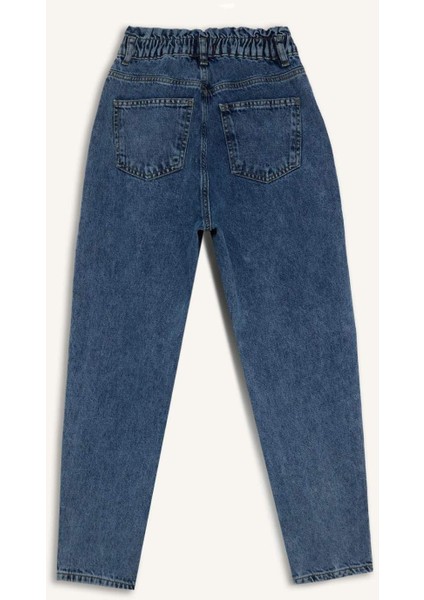 Paperbag Rahat Kesim Yüksek Bel Beli Lastikli Hafif Düz Paça Jean Yıkamalı Pantolon D5886AX24WN