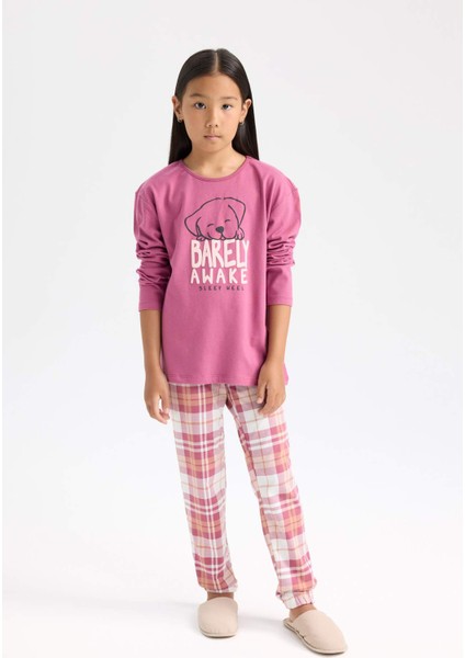 Kız Çocuk Pijama Takımı Baskılı Uzun Kollu Üst Beli Lastikli Uzun Alt D7740A824WN