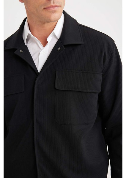 Relax Fit Polo Yaka Çıtçıtlı Cepli Gömlek Ceket D7281AX25SP