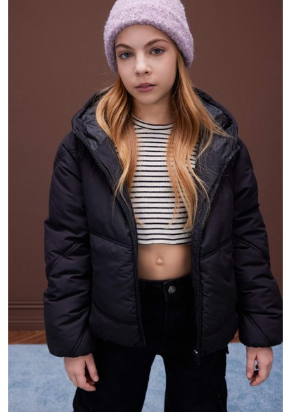 Kız Çocuk Su Geçirmez Kapüşonlu Fermuarlı Cepli Şişme Mont D6928A825SP