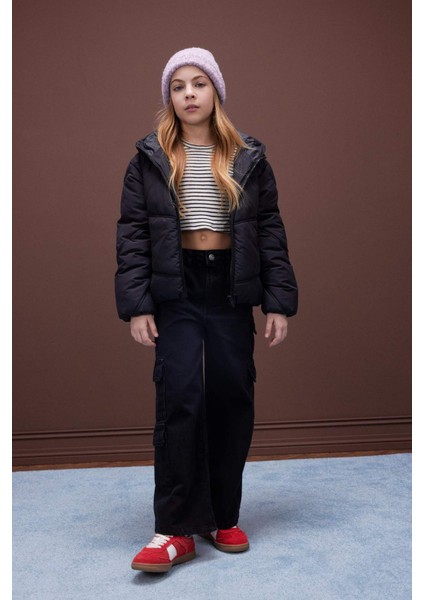 Kız Çocuk Su Geçirmez Kapüşonlu Fermuarlı Cepli Şişme Mont D6928A825SP