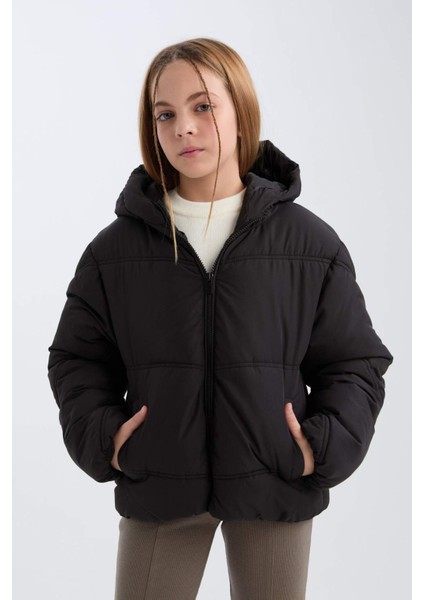 Kız Çocuk Su Geçirmez Kapüşonlu Fermuarlı Cepli Şişme Mont D6928A825SP