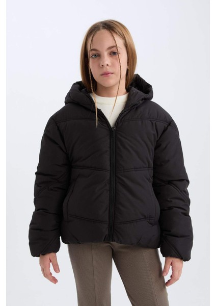 Kız Çocuk Su Geçirmez Kapüşonlu Fermuarlı Cepli Şişme Mont D6928A825SP