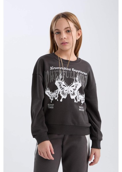 Kız Çocuk Oversize Geniş Kalıp Bisiklet Yaka Baskılı Sweatshirt D4386A824WN