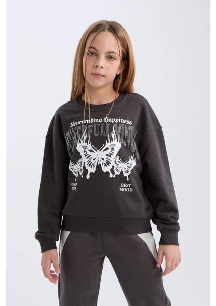 Kız Çocuk Oversize Geniş Kalıp Bisiklet Yaka Baskılı Sweatshirt D4386A824WN