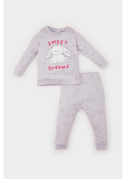 Kız Bebek Pijama Takımı Tavşan Baskılı Uzun Kollu Üst Beli Lastikli Uzun Alt