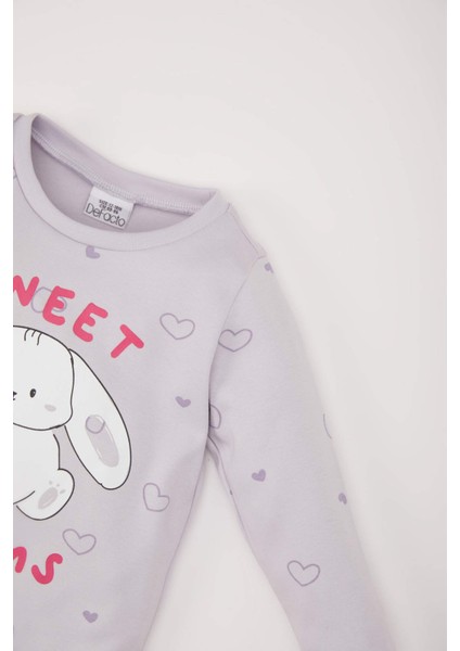 Kız Bebek Pijama Takımı Tavşan Baskılı Uzun Kollu Üst Beli Lastikli Uzun Alt