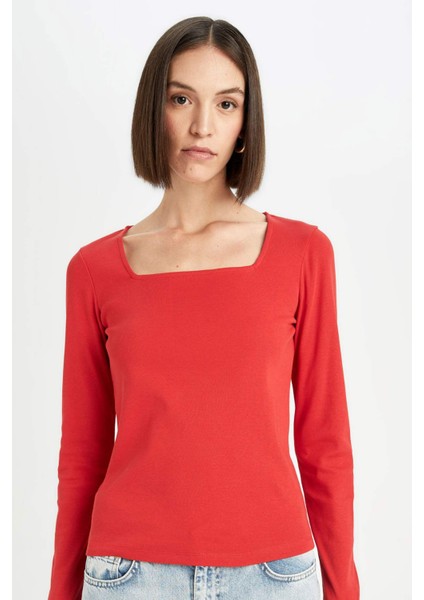 Regular Fit Kare Yaka Basic Düz Fitilli Kaşkorse Uzun Kollu Kırmızı Tişört D7506AX24AU