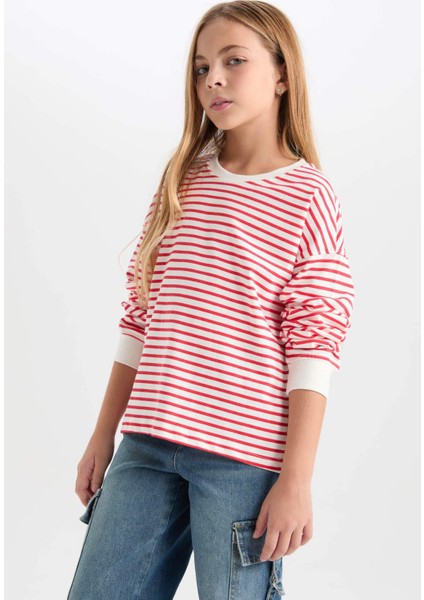 Kız Çocuk Relax Fit Bisiklet Yaka Çizgili Sweatshirt D6503A8NS