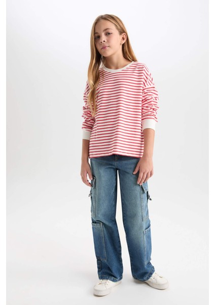 Kız Çocuk Relax Fit Bisiklet Yaka Çizgili Sweatshirt D6503A8NS