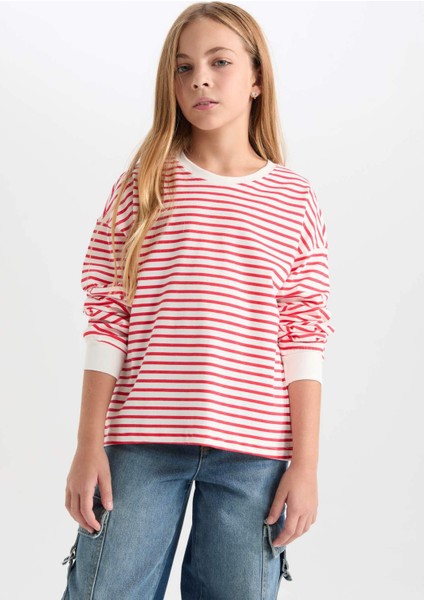 Kız Çocuk Relax Fit Bisiklet Yaka Çizgili Sweatshirt D6503A8NS