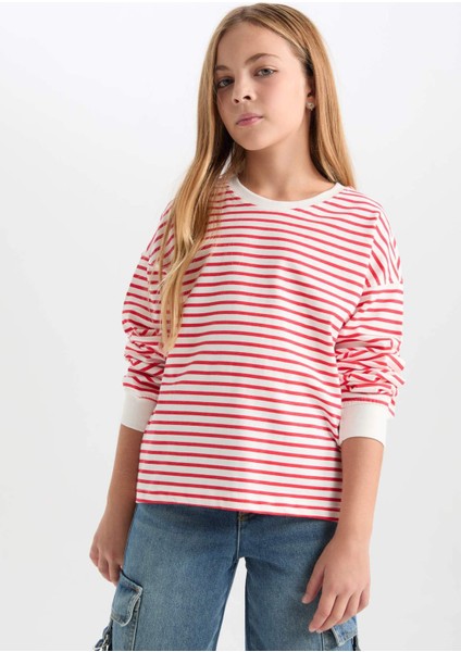 Kız Çocuk Relax Fit Bisiklet Yaka Çizgili Sweatshirt D6503A8NS
