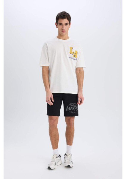 Fit NBA Los Angeles Lakers Oversize Geniş Kalıp Bisiklet Yaka Sırt Baskılı Kısa Kollu Tişört