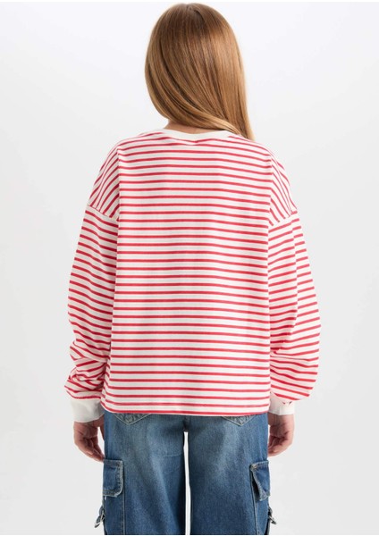 Kız Çocuk Relax Fit Bisiklet Yaka Çizgili Sweatshirt D6503A8NS