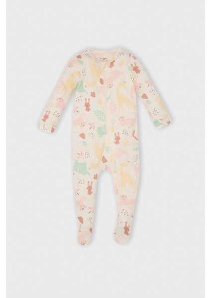 Kız Bebek Yenidoğan Safari Baskılı Uzun Kollu Fermuarlı Tulum D8309A5NS