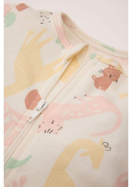 Kız Bebek Yenidoğan Safari Baskılı Uzun Kollu Fermuarlı Tulum D8309A5NS