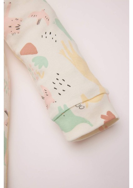 Kız Bebek Yenidoğan Safari Baskılı Uzun Kollu Fermuarlı Tulum D8309A5NS