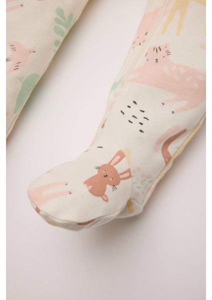 Kız Bebek Yenidoğan Safari Baskılı Uzun Kollu Fermuarlı Tulum D8309A5NS