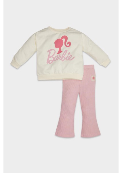 Kız Bebek 2'li Takım Barbie Bisiklet Yaka Sweatshirt Üst Beli Lastikli İspanyol Paça Tayt Alt D8293A524AU