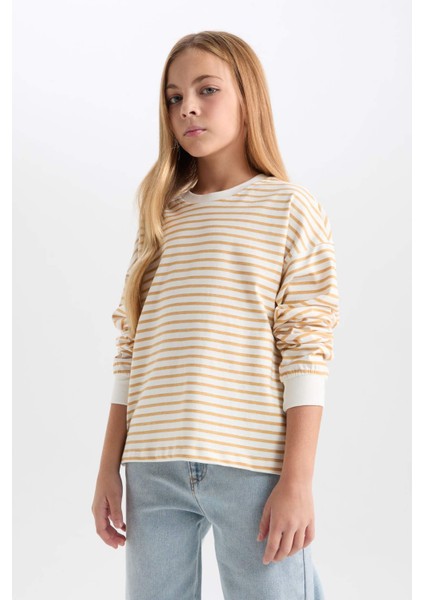 Kız Çocuk Relax Fit Bisiklet Yaka Çizgili Sweatshirt D6503A8NS
