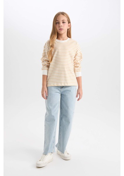 Kız Çocuk Relax Fit Bisiklet Yaka Çizgili Sweatshirt D6503A8NS