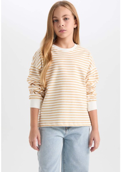 Kız Çocuk Relax Fit Bisiklet Yaka Çizgili Sweatshirt D6503A8NS