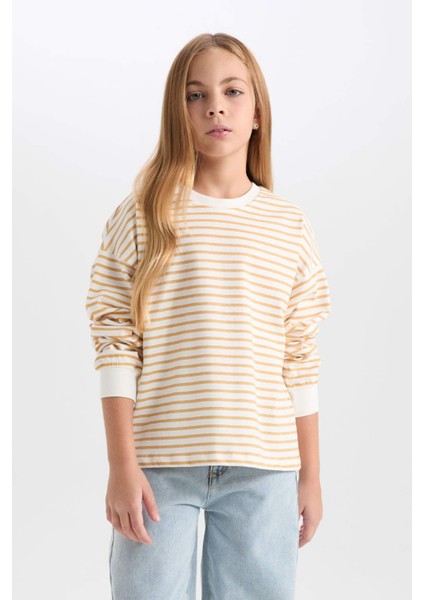 Kız Çocuk Relax Fit Bisiklet Yaka Çizgili Sweatshirt D6503A8NS