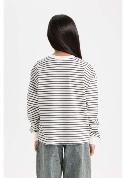 Kız Çocuk Relax Fit Bisiklet Yaka Çizgili Sweatshirt D6503A8NS