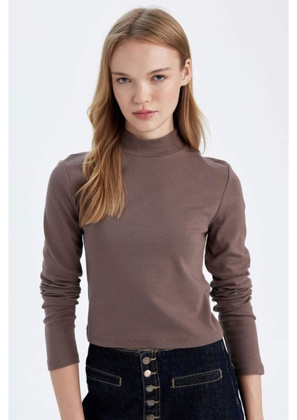 Fitted Vücuda Oturan Yarım Balıkçı Yaka Modal Basic Düz Uzun Kollu Tişört D8097AX24WN