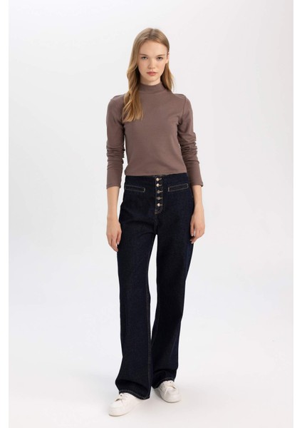 Fitted Vücuda Oturan Yarım Balıkçı Yaka Modal Basic Düz Uzun Kollu Tişört D8097AX24WN