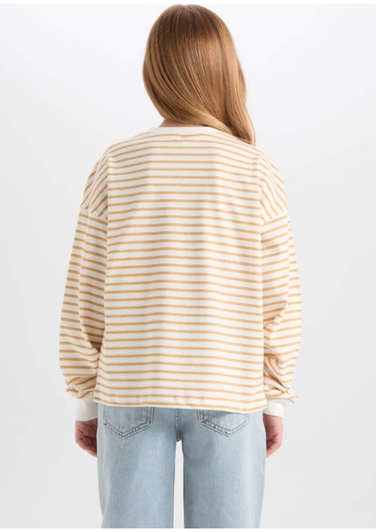 Kız Çocuk Relax Fit Bisiklet Yaka Çizgili Sweatshirt D6503A8NS