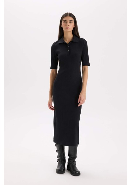 Bodycon Vücudu Saran Polo Yaka Fitilli Kaşkorse Kısa Kollu Midi Elbise D8296AX25SP