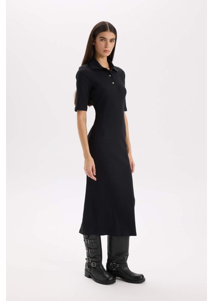 Bodycon Vücudu Saran Polo Yaka Fitilli Kaşkorse Kısa Kollu Midi Elbise D8296AX25SP