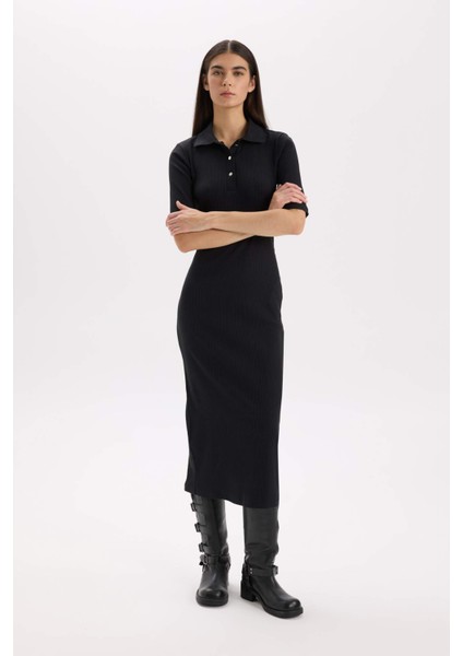 Bodycon Vücudu Saran Polo Yaka Fitilli Kaşkorse Kısa Kollu Midi Elbise D8296AX25SP