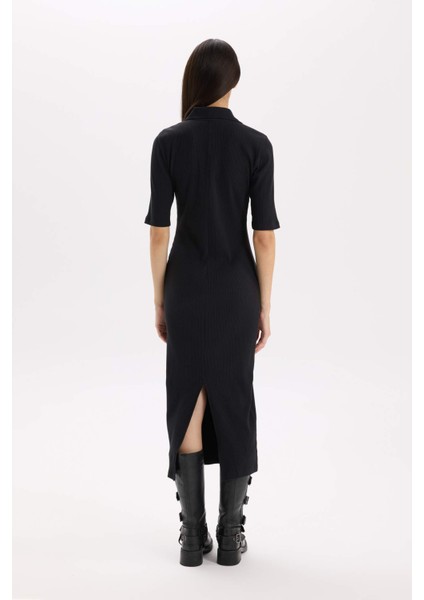 Bodycon Vücudu Saran Polo Yaka Fitilli Kaşkorse Kısa Kollu Midi Elbise D8296AX25SP