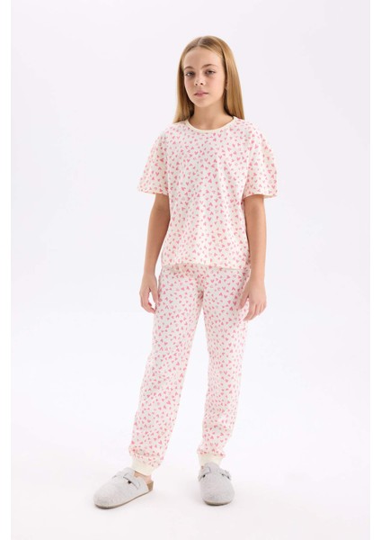 Kız Çocuk Pijama Takımı Kalp Desenli Kısa Kollu Üst Uzun Alt D8197A8NS