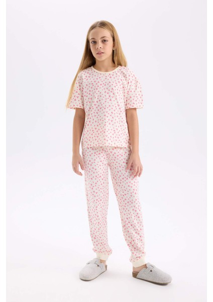 Kız Çocuk Pijama Takımı Kalp Desenli Kısa Kollu Üst Uzun Alt D8197A8NS