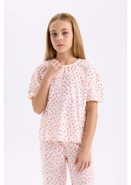 Kız Çocuk Pijama Takımı Kalp Desenli Kısa Kollu Üst Uzun Alt D8197A8NS