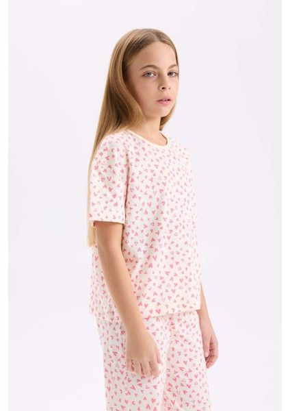 Kız Çocuk Pijama Takımı Kalp Desenli Kısa Kollu Üst Uzun Alt D8197A8NS