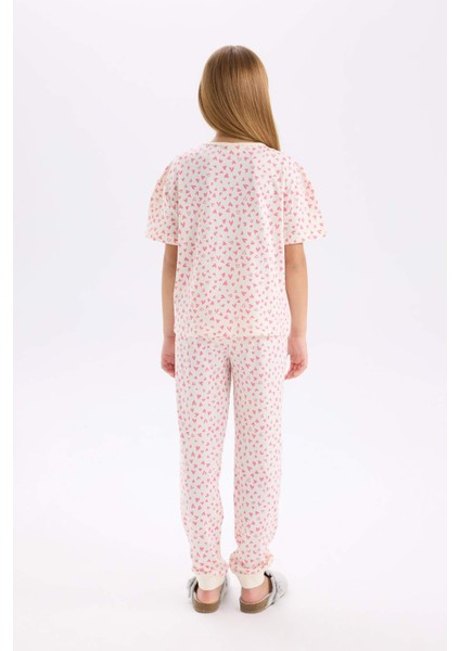 Kız Çocuk Pijama Takımı Kalp Desenli Kısa Kollu Üst Uzun Alt D8197A8NS