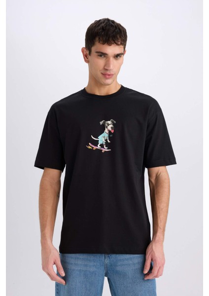 %100 Pamuk Boxy Fit Bisiklet Yaka Baskılı Kısa Kollu Tişört D7354AX25SP